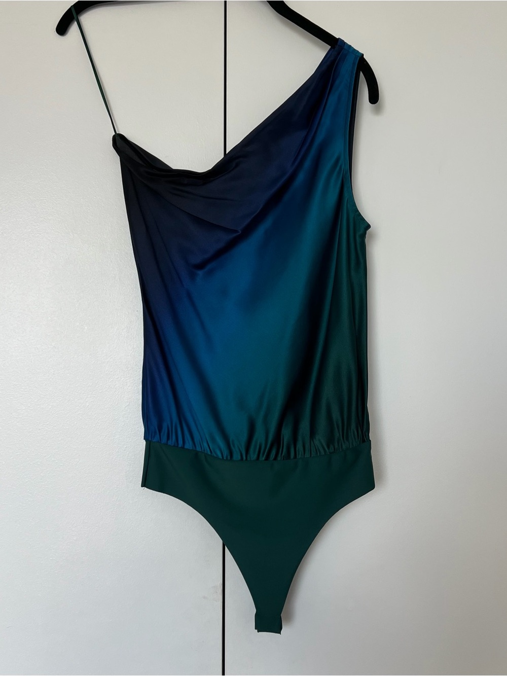CAMI NYC "Darby" One-Shoulder Silk Thong Bodysuit | Midnight Ombre | XS